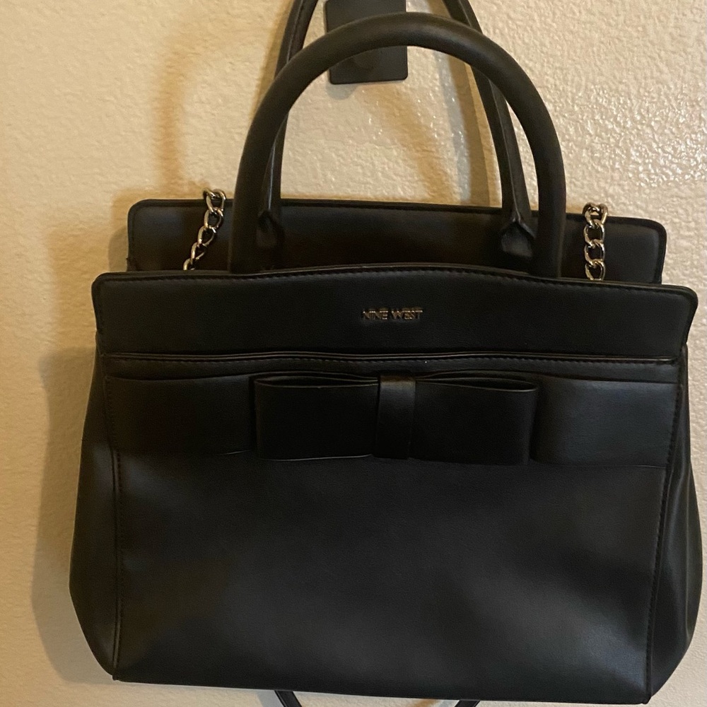 Nine West Black Bow Satchel with Chain-Accent Strap